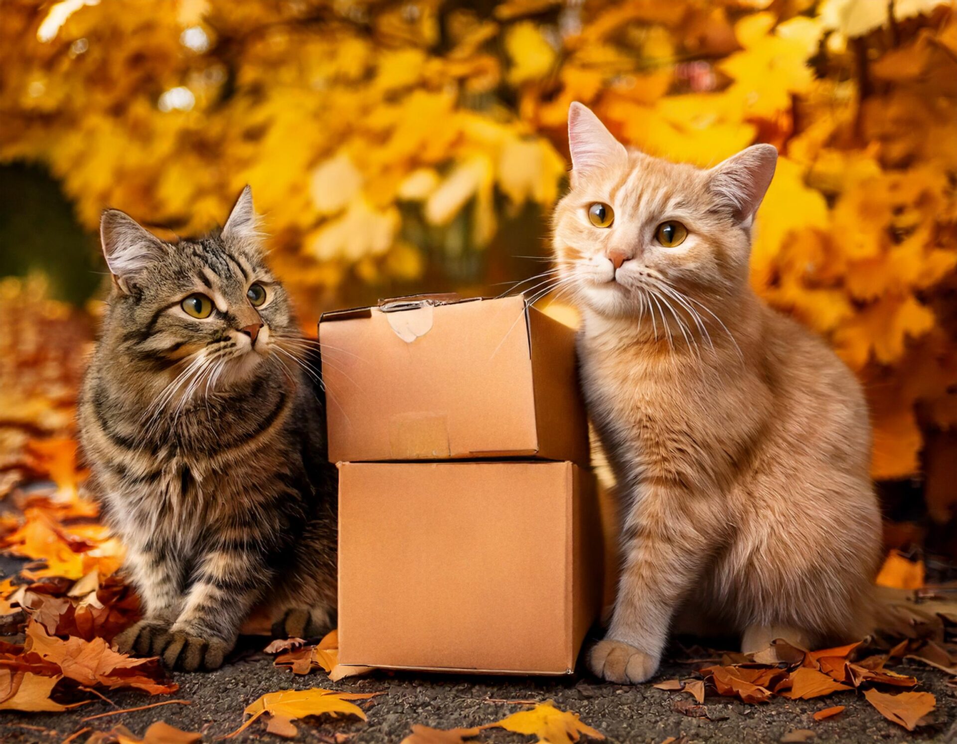 Cute cats are carrying cardboard boxes with autumn leaves in the background.